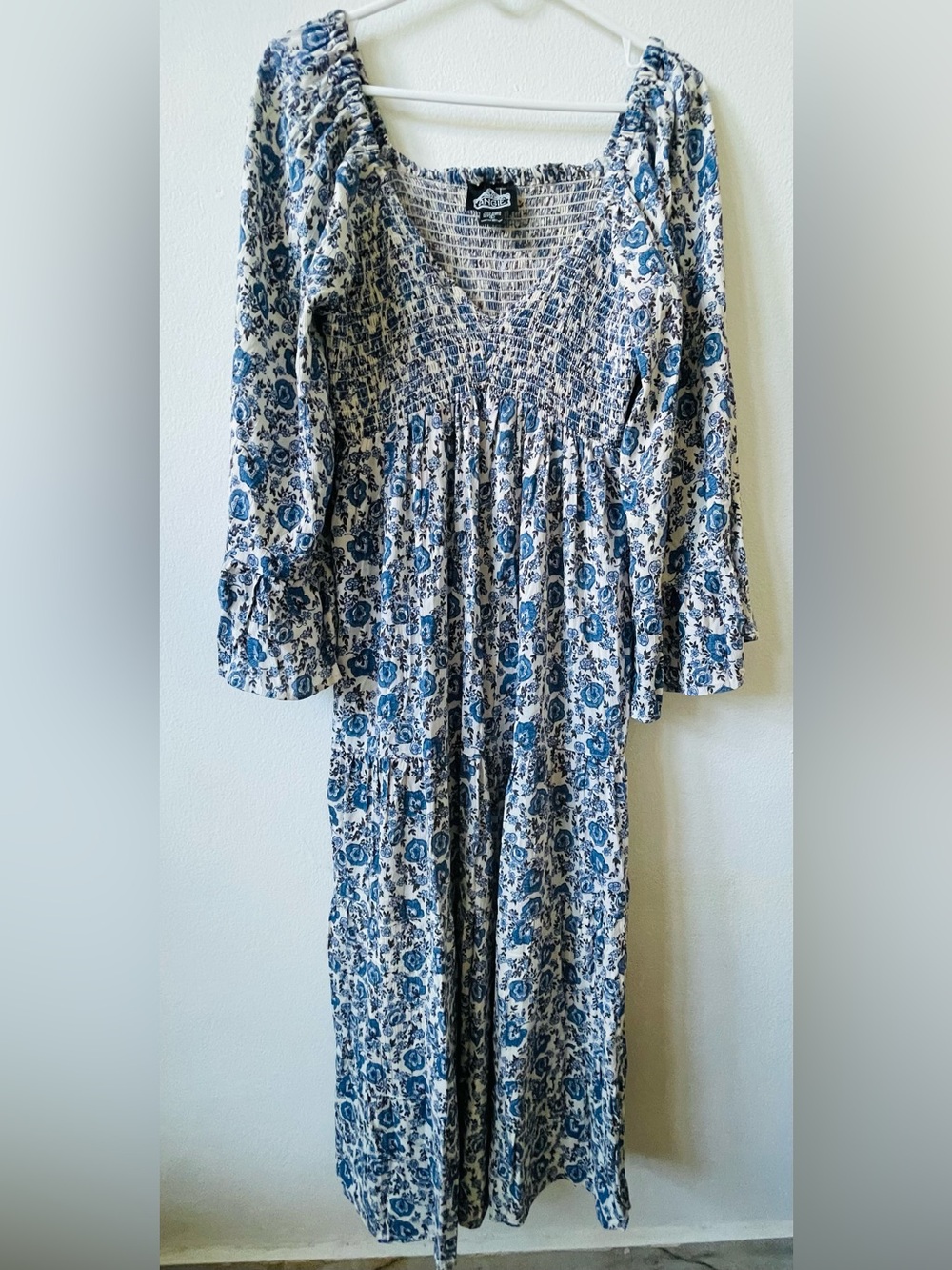 Angie Blue Floral Smocked V-Neck Maxi Dress